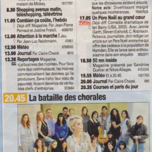 article dans le journal télé national pour présenter la-bataille-des-chorales-émission sur TFI avec Lydia Moreno artiste chanteuse Gard1